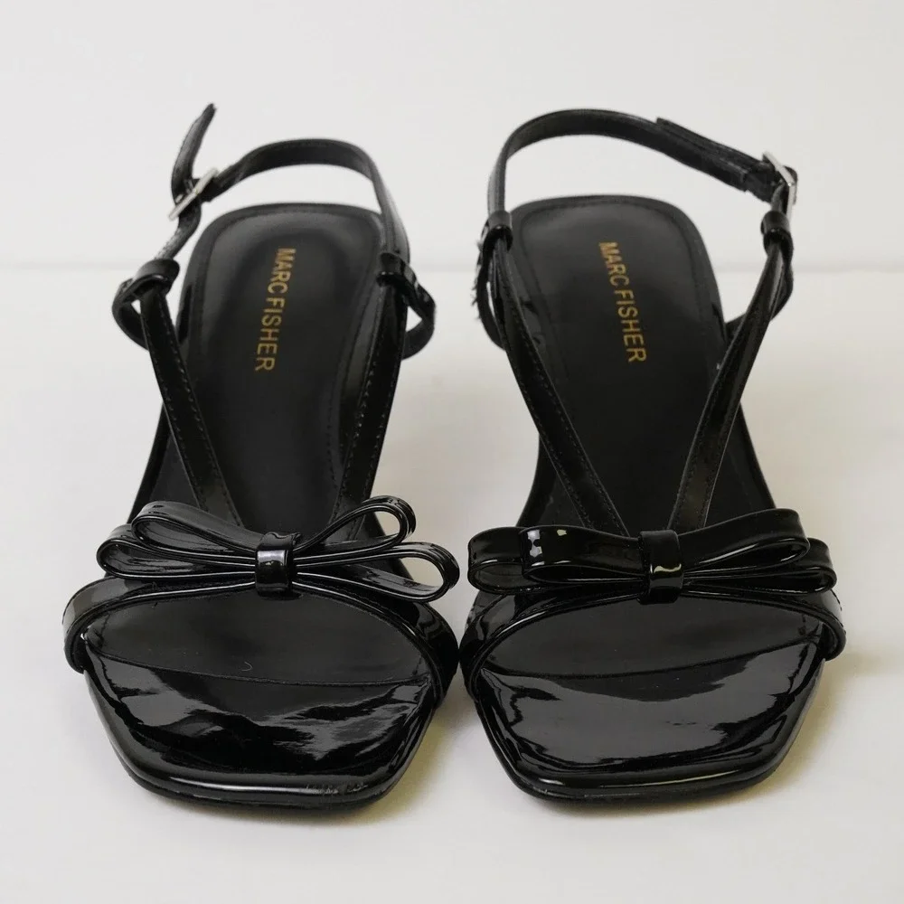 Marc‎ Fisher, Danzy Black Patent Bow Slingback Kitten Heel Sandals Size 7